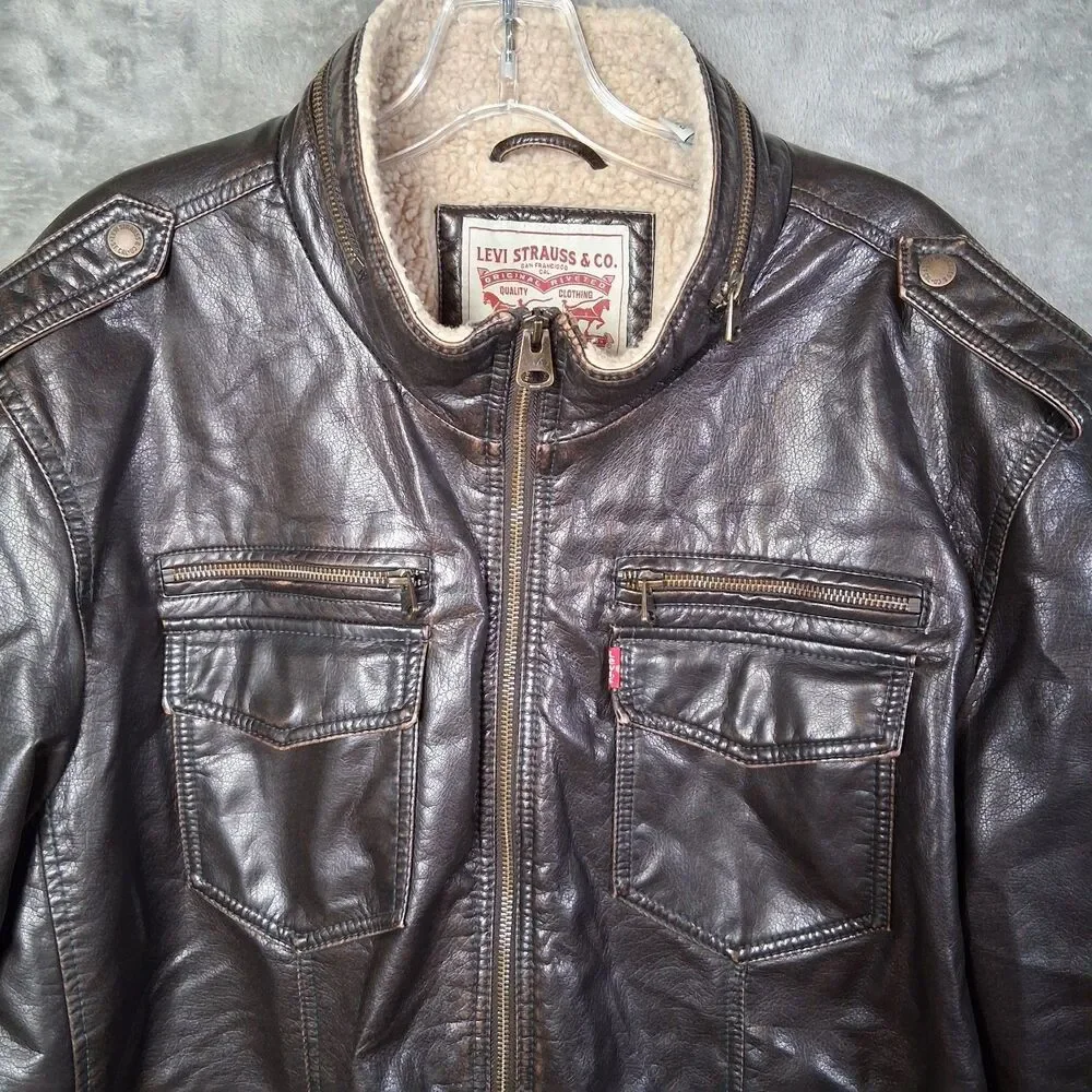 Levis Faux Leather Aviator Bomber Jacket Sherpa Lined‎ Mens 2xl Brown Utility